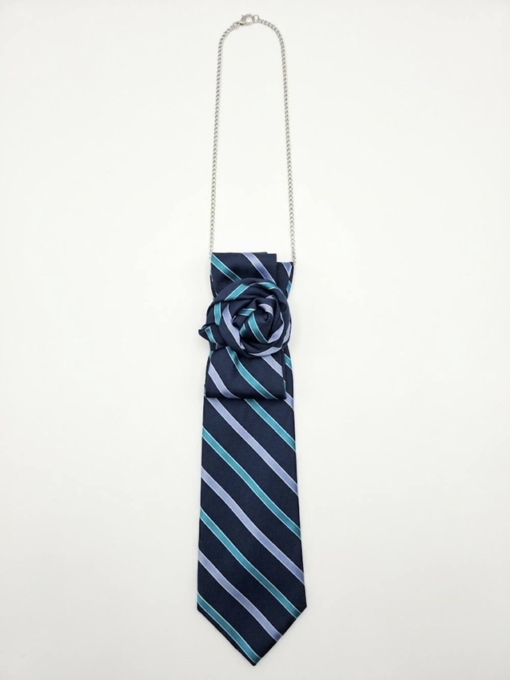 Navy Striped Men's Necktie Necklace with Teal Accents
